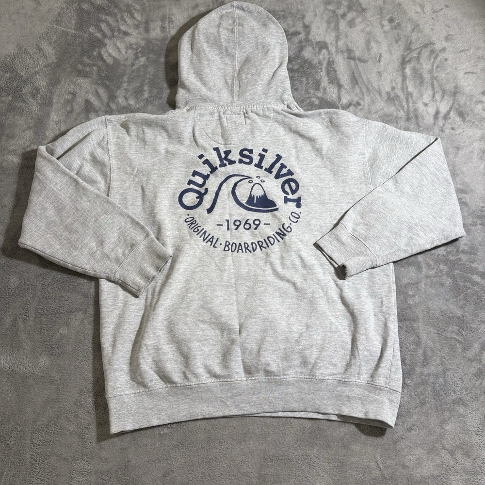 VINTAGE Quiksilver Hoodie Men Large Gray Skater Surfer Spellout Logo Graphic